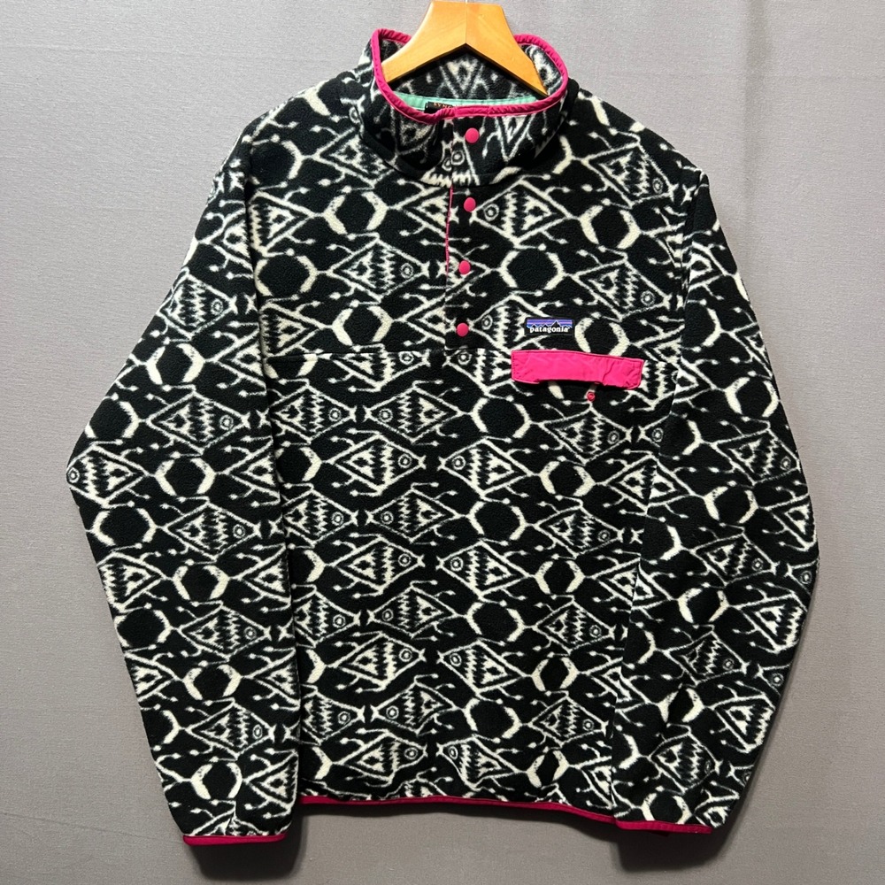 Patagonia Synchilla Snap-T Fleece Pullover XL Black White Fish Print Pink Trim
